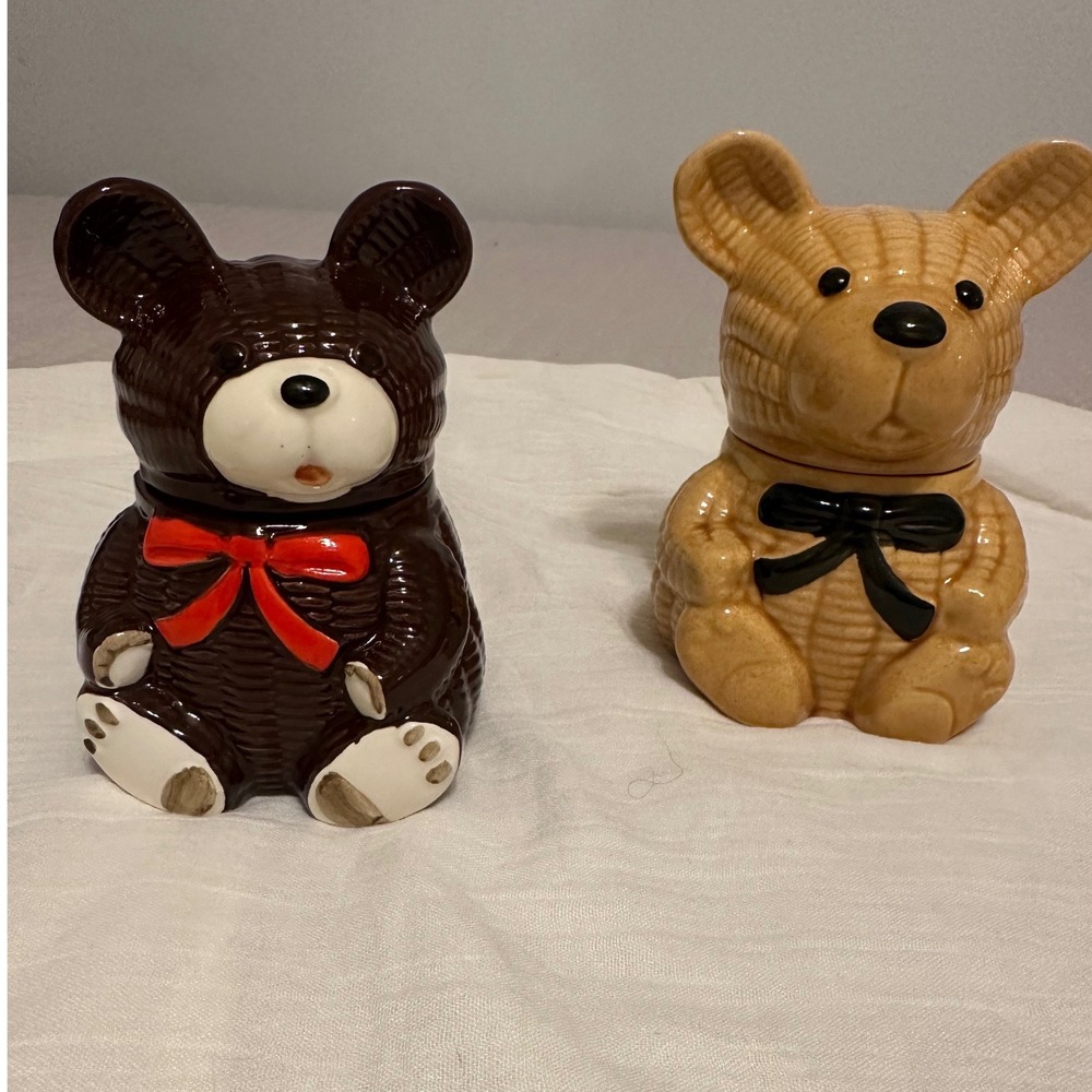 Vintage Otagiri Teddy Bear Ceramic Honey Jam‎ Pot Pair W Tan Weave Japan &Taiwan
